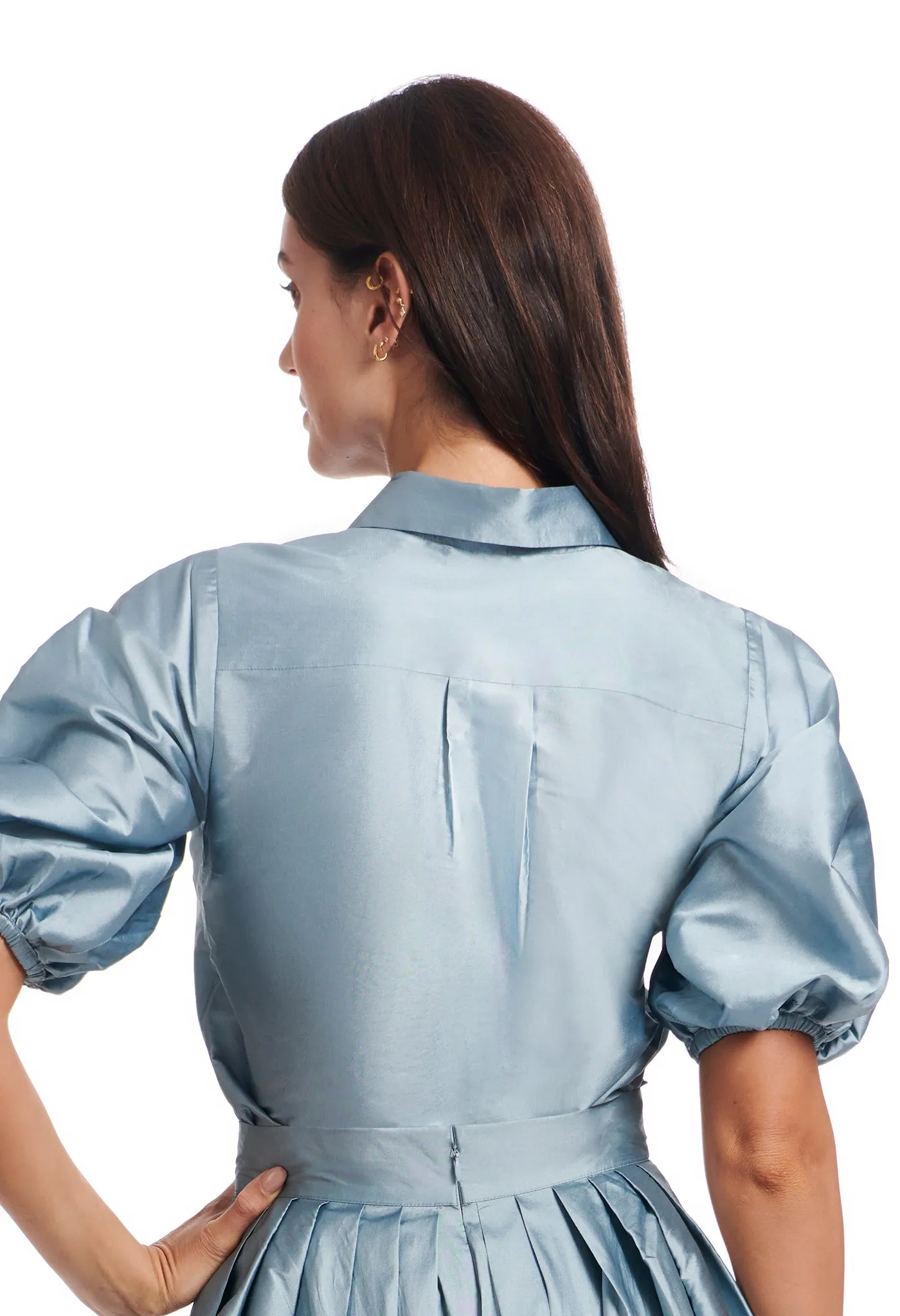 PUFF SLEEVE BLOUSE WITH FLORAL MEDALLION BUTTONS LIGHT BLUE
