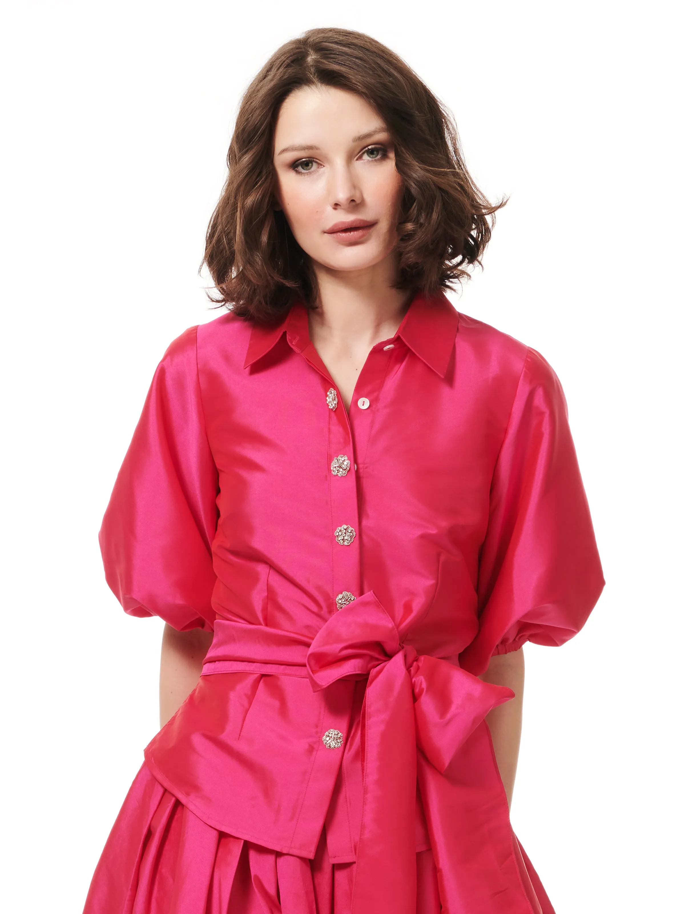 PUFF SLEEVE BLOUSE WITH FLORAL MEDALLION BUTTONS LIGHT BLUE