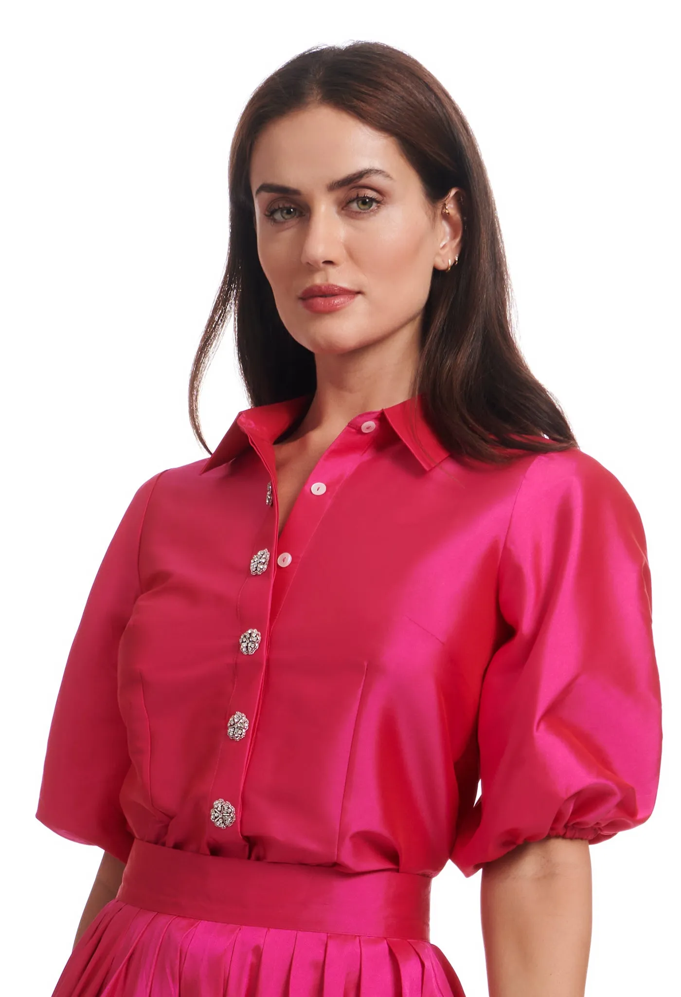 PUFF SLEEVE BLOUSE WITH FLORAL MEDALLION BUTTONS LIGHT BLUE