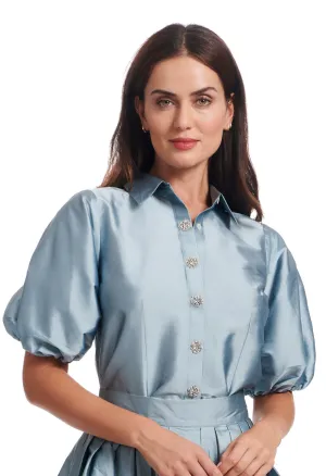 PUFF SLEEVE BLOUSE WITH FLORAL MEDALLION BUTTONS LIGHT BLUE