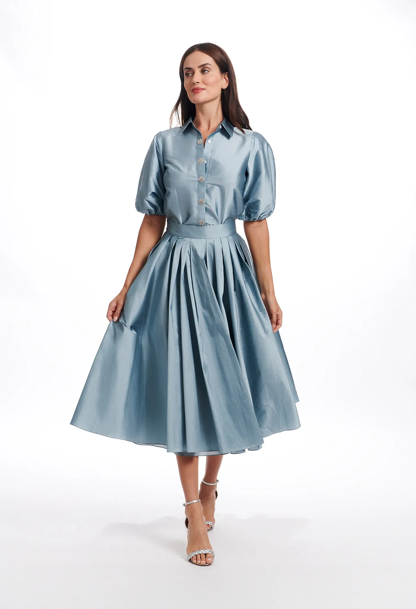 PUFF SLEEVE BLOUSE WITH FLORAL MEDALLION BUTTONS LIGHT BLUE