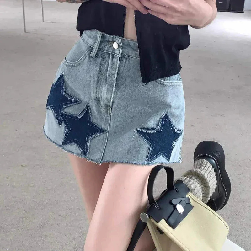 Retro Y2K Harajuku A-line Korean Skirt with Vintage Sexy Stars