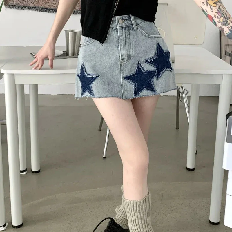 Retro Y2K Harajuku A-line Korean Skirt with Vintage Sexy Stars