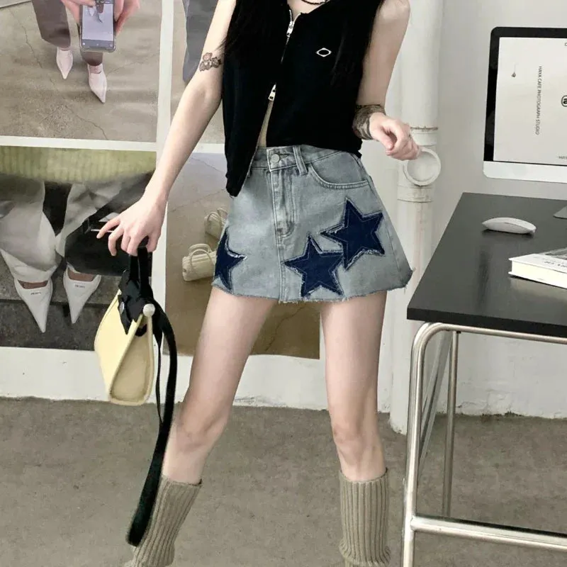 Retro Y2K Harajuku A-line Korean Skirt with Vintage Sexy Stars