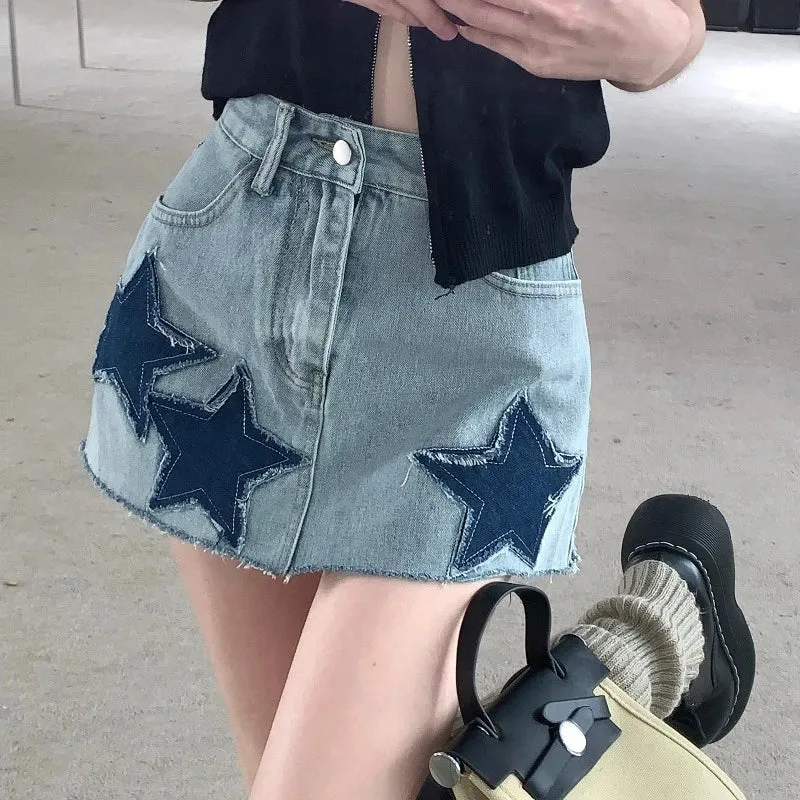 Retro Y2K Harajuku A-line Korean Skirt with Vintage Sexy Stars