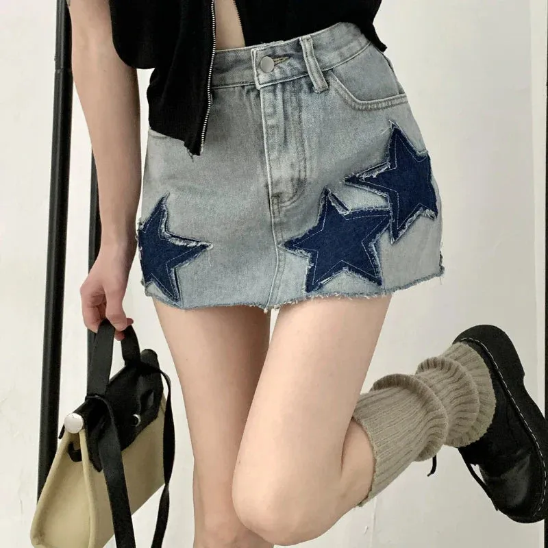 Retro Y2K Harajuku A-line Korean Skirt with Vintage Sexy Stars