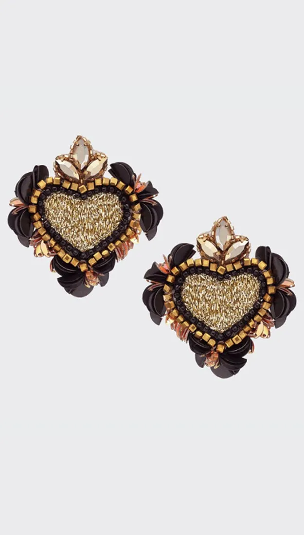 Sacred Black Gold Heart Earrings | Olivia Dar