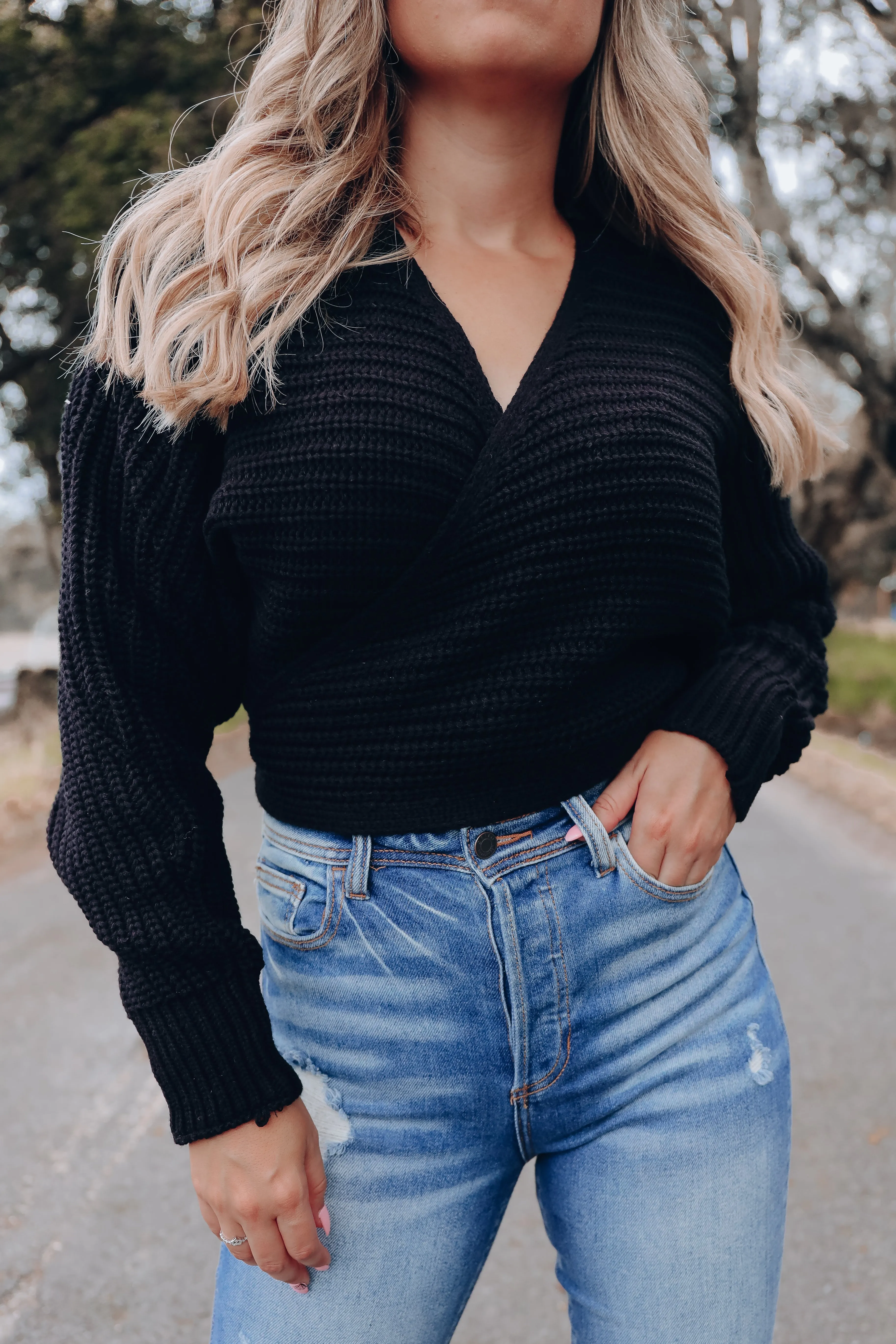 Spencer Surplice Tie Back Knit Sweater - Black