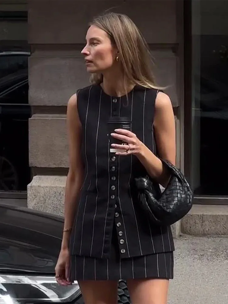UAKISS  -  Casual Striped Lace Up Women Skirt Suits O-neck Sleeveless Single Breasted Vest A-line Skirts 2024 Summer New Chic Female Sets