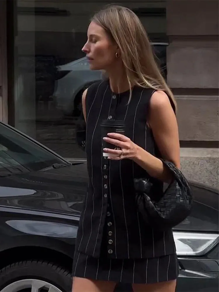 UAKISS  -  Casual Striped Lace Up Women Skirt Suits O-neck Sleeveless Single Breasted Vest A-line Skirts 2024 Summer New Chic Female Sets
