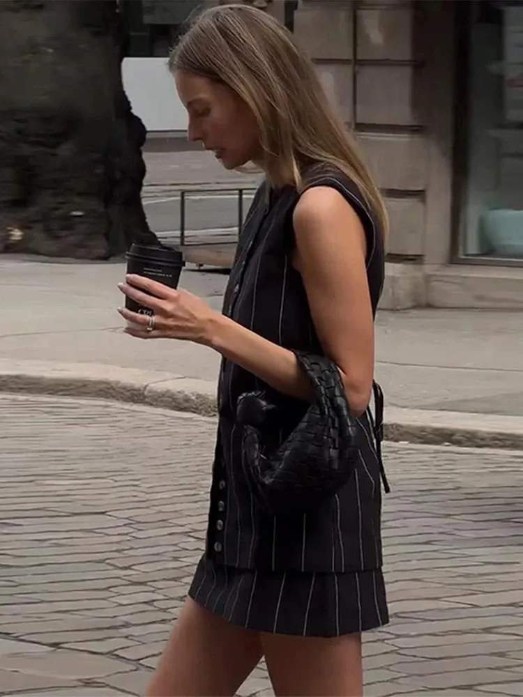 UAKISS  -  Casual Striped Lace Up Women Skirt Suits O-neck Sleeveless Single Breasted Vest A-line Skirts 2024 Summer New Chic Female Sets