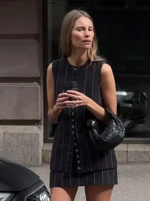UAKISS  -  Casual Striped Lace Up Women Skirt Suits O-neck Sleeveless Single Breasted Vest A-line Skirts 2024 Summer New Chic Female Sets