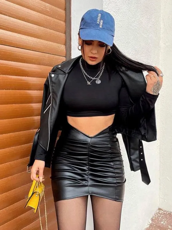 Vegan Leather Low Waist Ruched Skirt