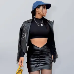 Vegan Leather Low Waist Ruched Skirt