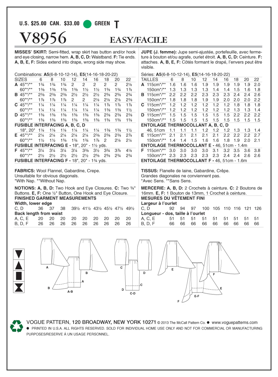 Vogue Pattern V8956 Misses' Wrap Skirts