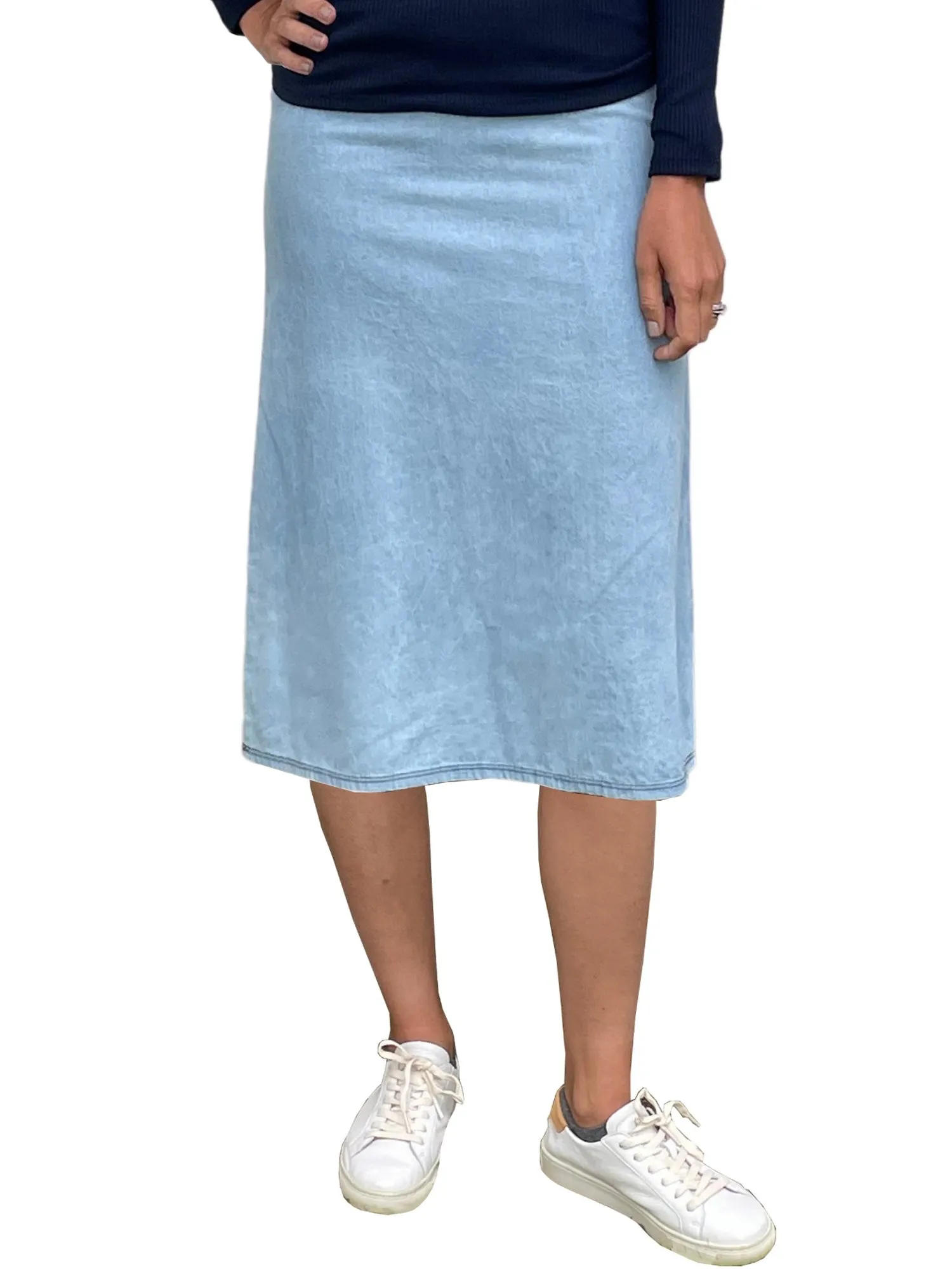 Women's Basic Modest 27" Below the Knee Midi Length Long Lightweight Denim Straight Skirt