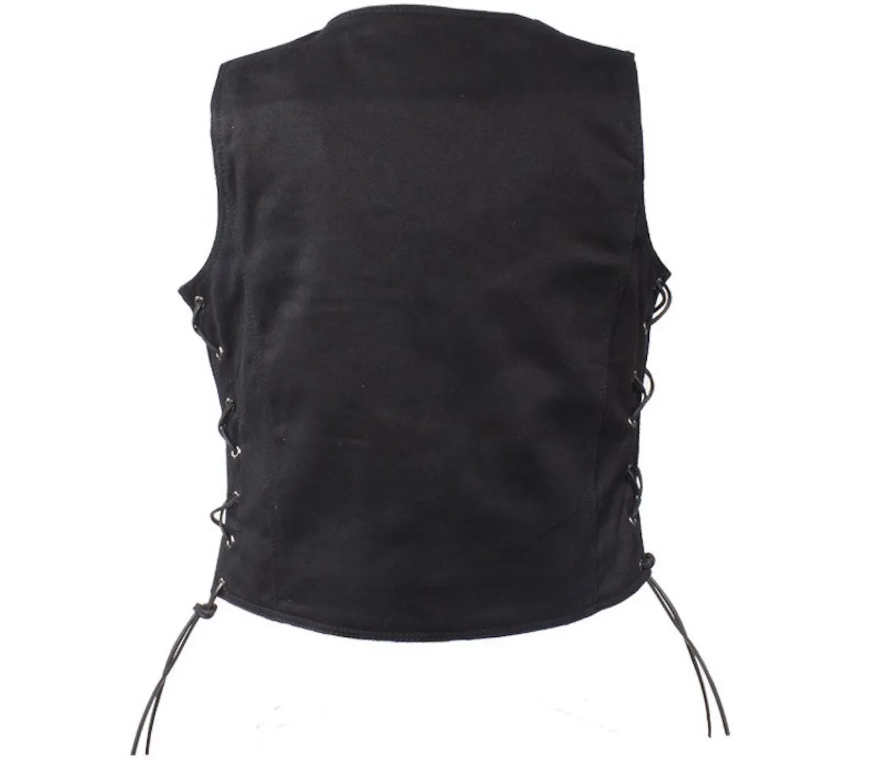 Womens Black Denim Motorcycle Vest With Side Laces Gun Pockets