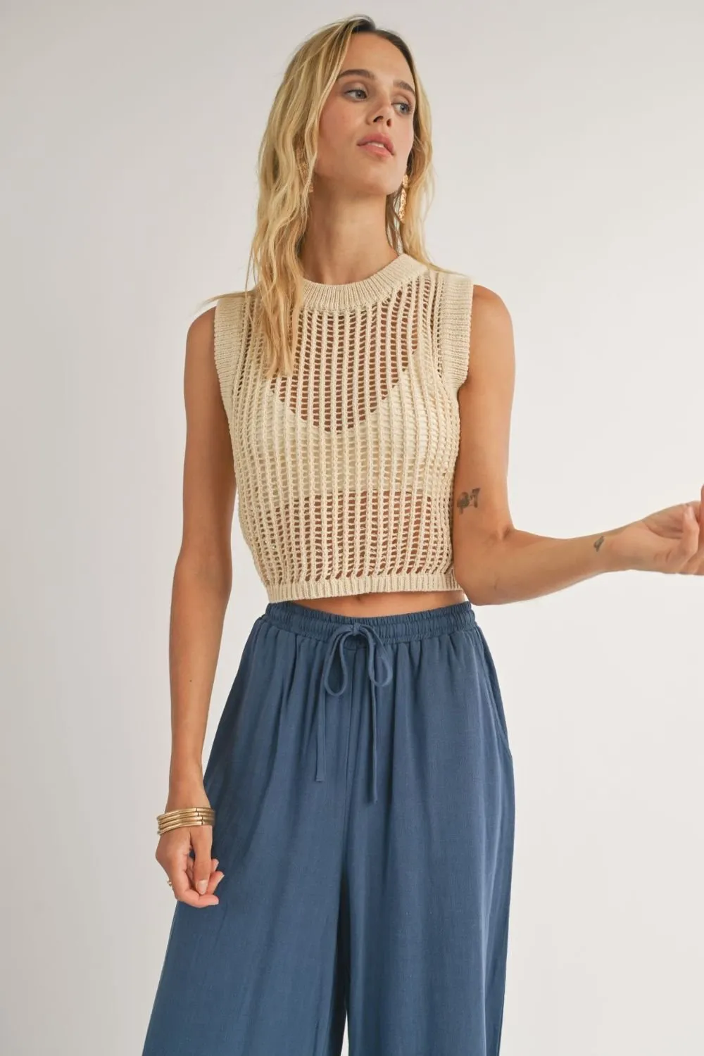 Women's Boho Open Knit Sweater Tank Top | Beige