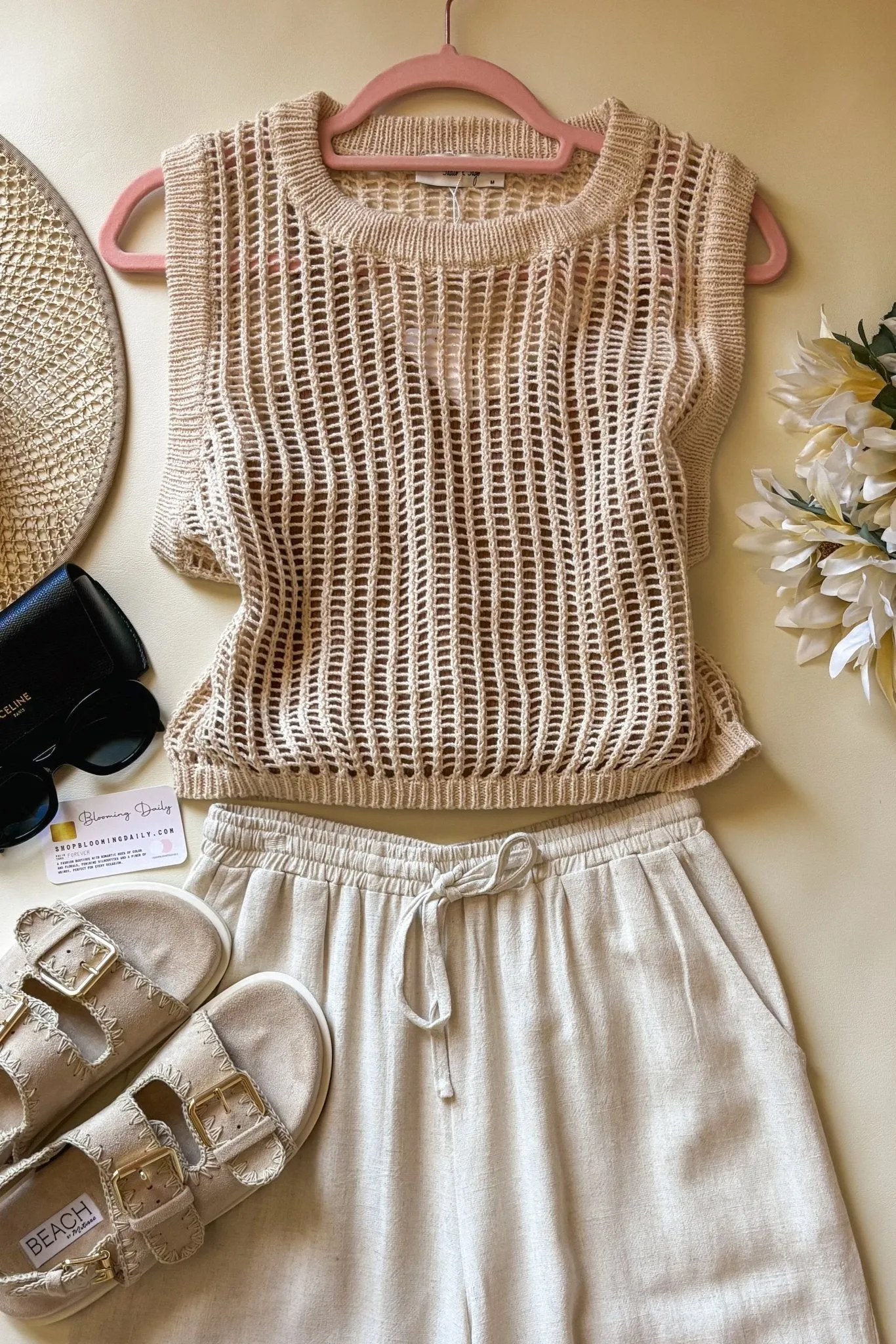 Women's Boho Open Knit Sweater Tank Top | Beige