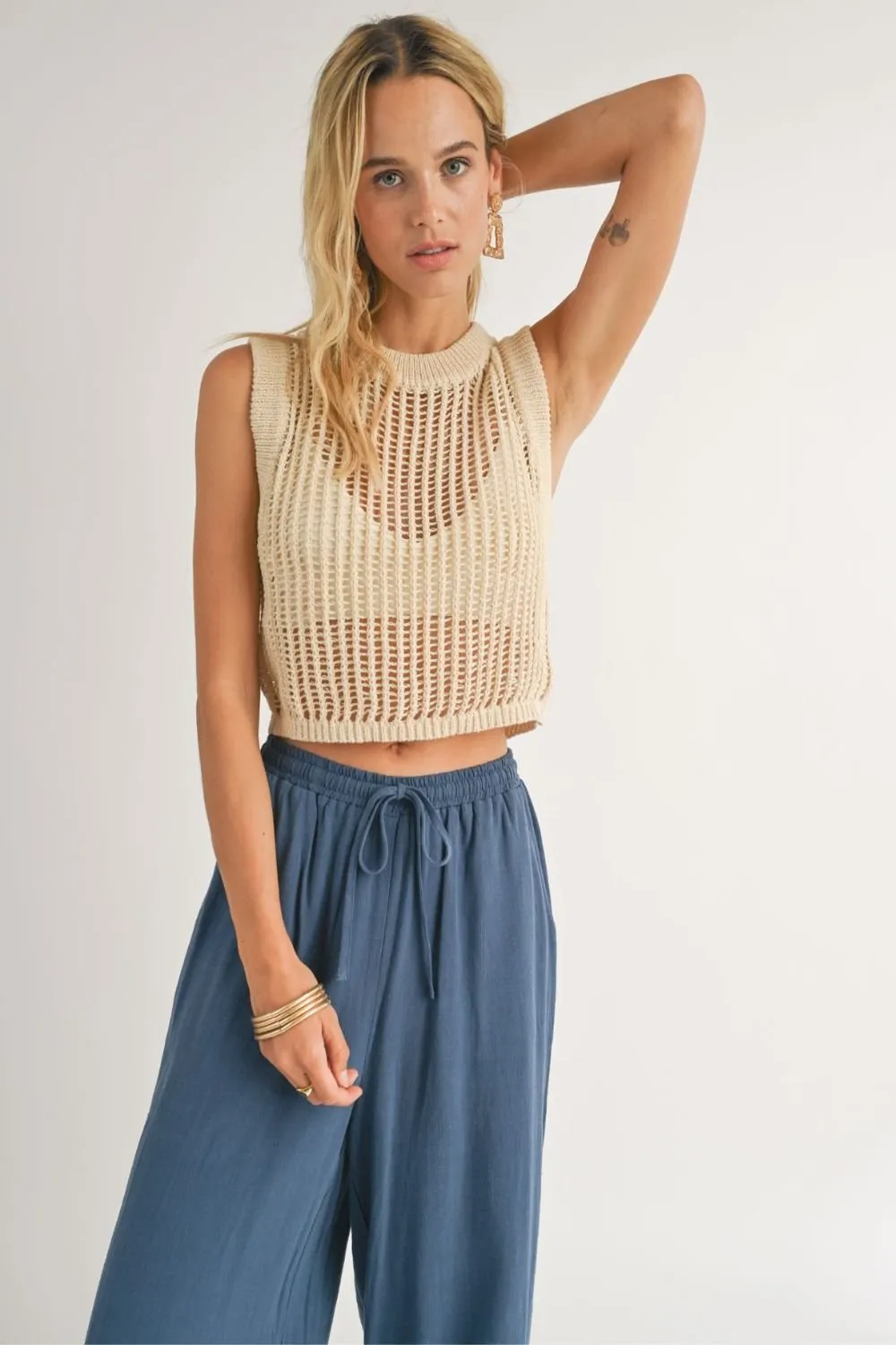 Women's Boho Open Knit Sweater Tank Top | Beige