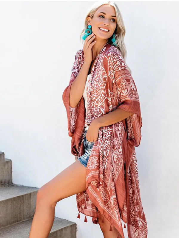 Women's Sexy Boho Print Beach Cover Up With Tassels